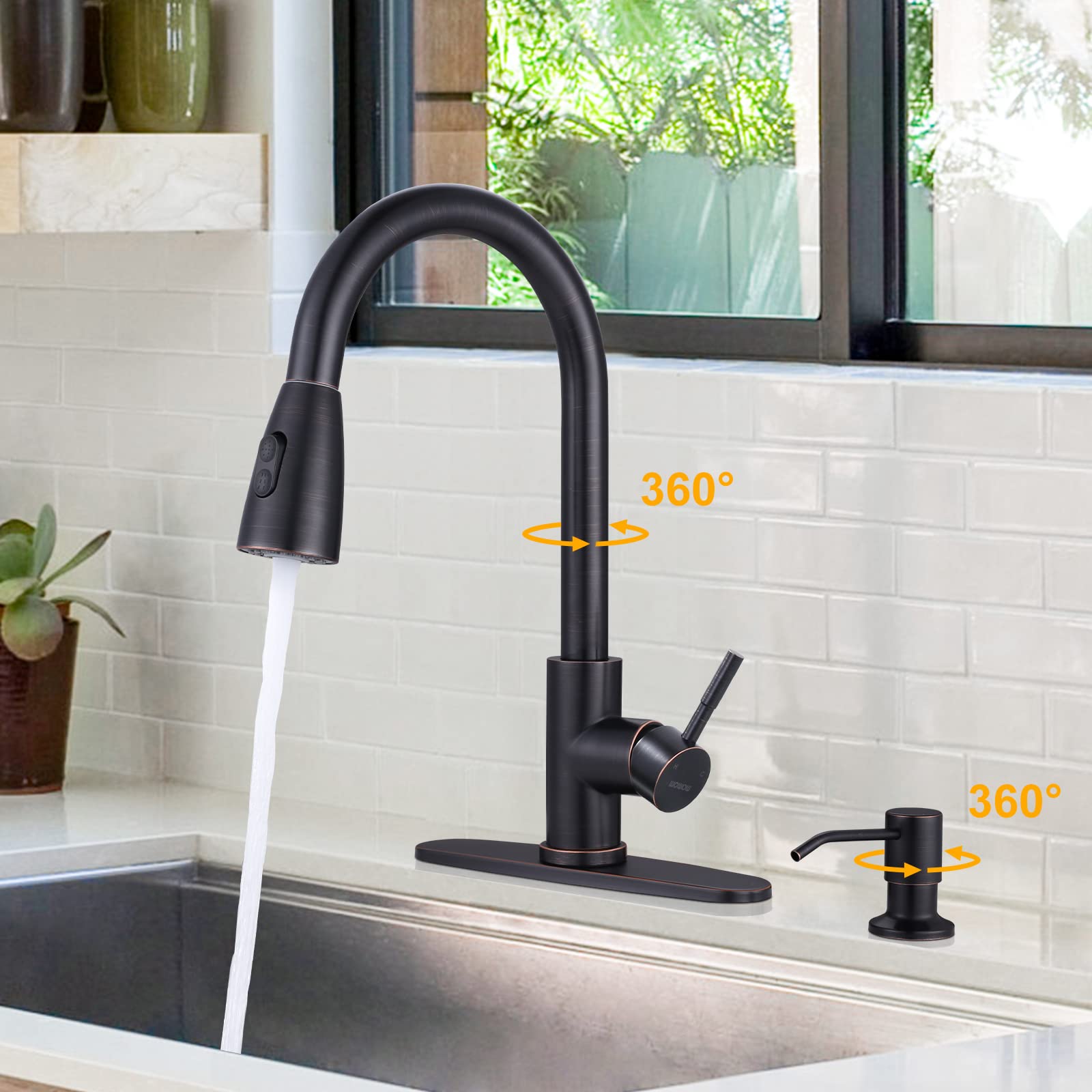 Oil-Rubbed Bronze Kitchen Faucet with Soap Dispenser  WOWOW Stainless Steel Kitchen Faucets for Sink  Pull Down Kitchen Faucet Single Handle High Arc Kitchen Sink Faucet with Deck-Plate